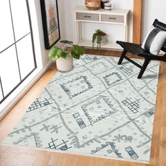 Koyu Mavi Etnik Modern Etnik Desenli Halı  | Makinada Yıkanabilir | Hav Toz Vermez | Leke Tutmayan | Kaymaz Taban | Dijital Makine Baskı | Salon Yolluk Mutfak Halısı