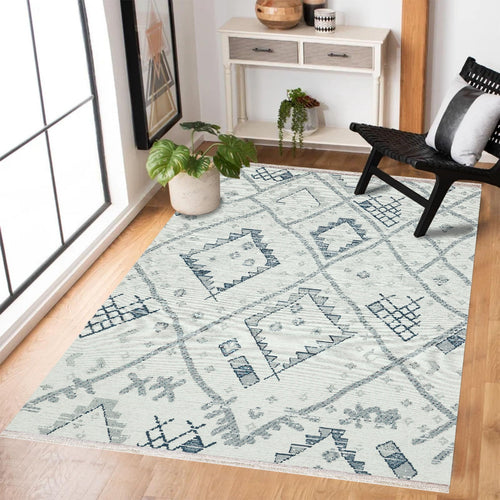 Koyu Mavi Etnik Modern Etnik Desenli Halı  | Makinada Yıkanabilir | Hav Toz Vermez | Leke Tutmayan | Kaymaz Taban | Dijital Makine Baskı | Salon Yolluk Mutfak Halısı