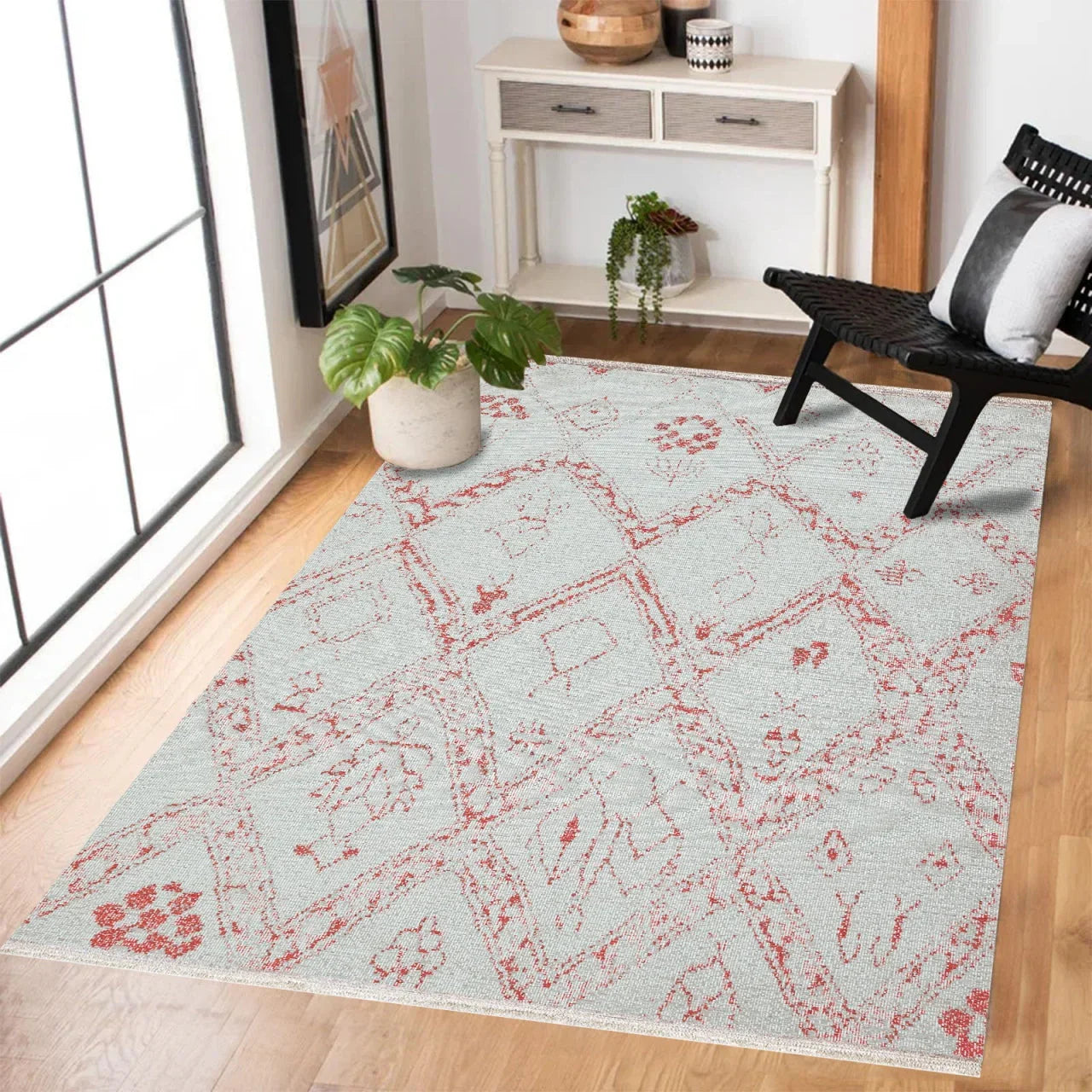 Beyaz Krem Etnik Geometrik Halı - Yıkanabilir - Kaymaz Taban - Pati Dostu