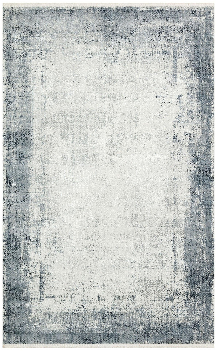 White & Grey Distressed Abstract Area Rug with Border – in the hallway