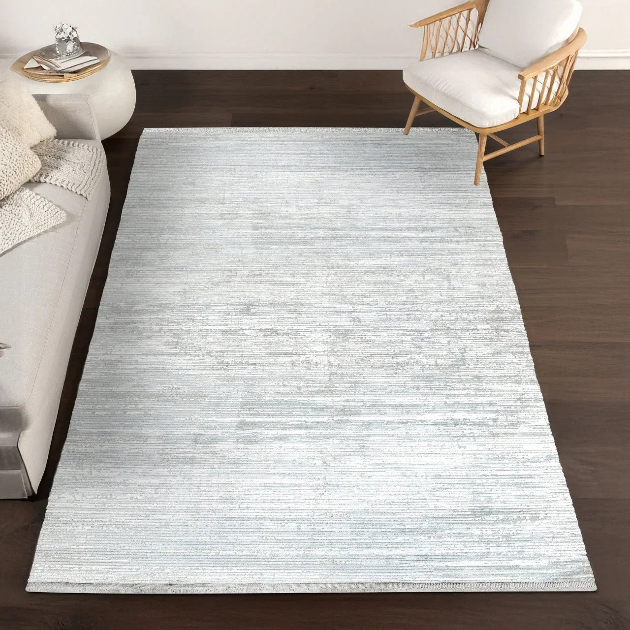 Beyaz Gri Düz Minimalist Halı - Yıkanabilir - Kaymaz Taban - Pati Dostu