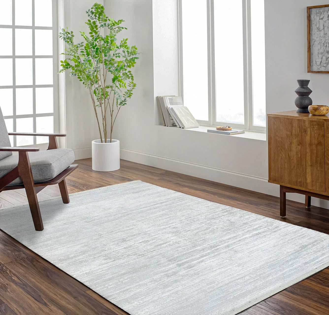 Beyaz Gri Düz Minimalist Halı - Yıkanabilir - Kaymaz Taban - Pati Dostu