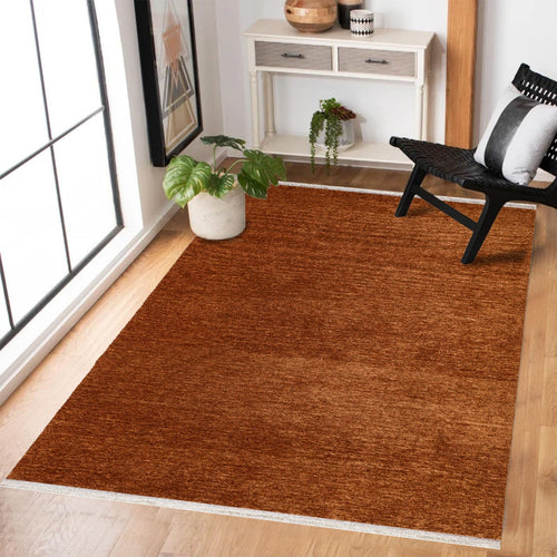 Kiremit Düz Modern Etnik Desenli Halı  | Makinada Yıkanabilir | Hav Toz Vermez | Leke Tutmayan | Kaymaz Taban | Dijital Makine Baskı | Salon Yolluk Mutfak Halısı