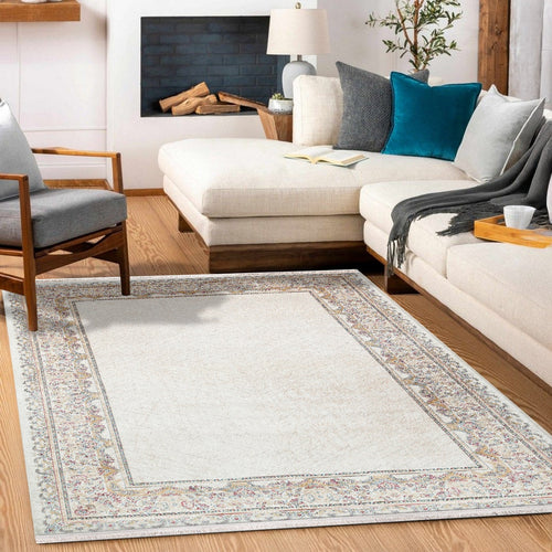 Krem Çerçeveli Modern Etnik Desenli Halı  | Makinada Yıkanabilir | Hav Toz Vermez | Leke Tutmayan | Kaymaz Taban | Dijital Makine Baskı | Salon Yolluk Mutfak Halısı