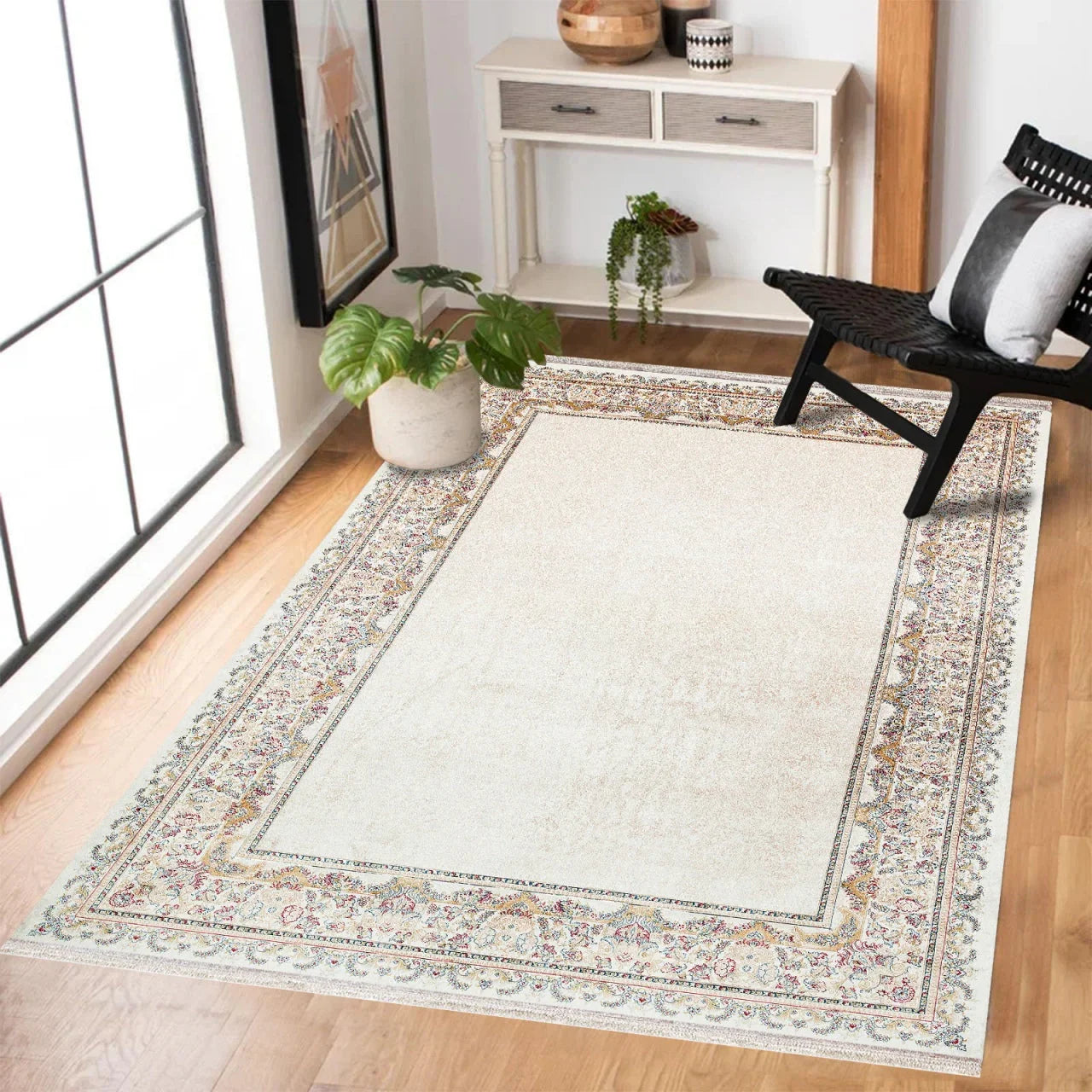 Bej Krem Klasik Modern Halı - Yıkanabilir - Kaymaz Taban - Pati Dostu
