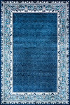 Mavi Çerçeveli Modern Etnik Desenli Halı  | Makinada Yıkanabilir | Hav Toz Vermez | Leke Tutmayan | Kaymaz Taban | Dijital Makine Baskı | Salon Yolluk Mutfak Halısı