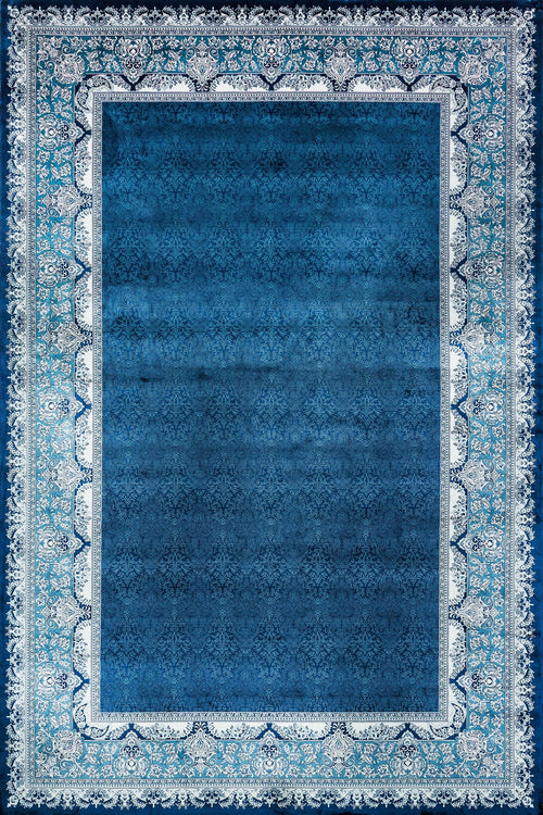 Mavi Çerçeveli Modern Etnik Desenli Halı  | Makinada Yıkanabilir | Hav Toz Vermez | Leke Tutmayan | Kaymaz Taban | Dijital Makine Baskı | Salon Yolluk Mutfak Halısı