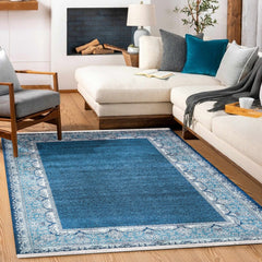 Mavi Çerçeveli Modern Etnik Desenli Halı  | Makinada Yıkanabilir | Hav Toz Vermez | Leke Tutmayan | Kaymaz Taban | Dijital Makine Baskı | Salon Yolluk Mutfak Halısı