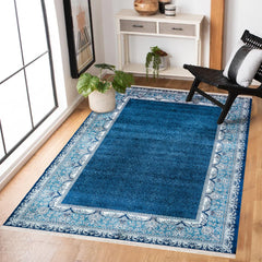 Mavi Çerçeveli Modern Etnik Desenli Halı  | Makinada Yıkanabilir | Hav Toz Vermez | Leke Tutmayan | Kaymaz Taban | Dijital Makine Baskı | Salon Yolluk Mutfak Halısı