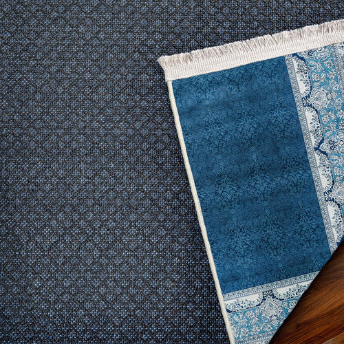 Mavi Çerçeveli Modern Etnik Desenli Halı  | Makinada Yıkanabilir | Hav Toz Vermez | Leke Tutmayan | Kaymaz Taban | Dijital Makine Baskı | Salon Yolluk Mutfak Halısı