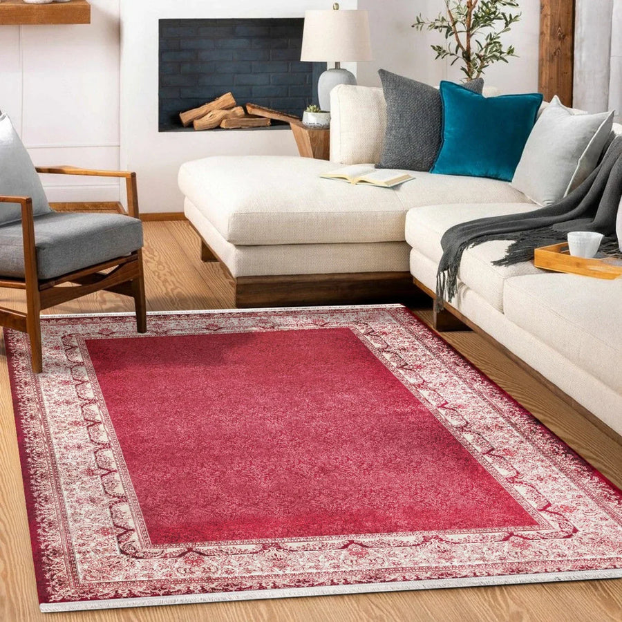Krem Kırmızı Bordürlü Modern Halı - Yıkanabilir - Kaymaz Taban - Pati Dostu