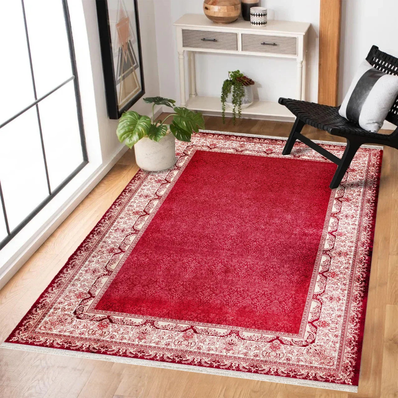 Krem Kırmızı Bordürlü Modern Halı - Yıkanabilir - Kaymaz Taban - Pati Dostu