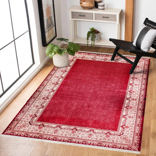 Bordo Çerçeveli Modern Etnik Desenli Halı  | Makinada Yıkanabilir | Hav Toz Vermez | Leke Tutmayan | Kaymaz Taban | Dijital Makine Baskı | Salon Yolluk Mutfak Halısı