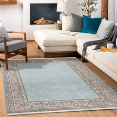 Mavi Çerçeveli Modern Etnik Desenli Halı  | Makinada Yıkanabilir | Hav Toz Vermez | Leke Tutmayan | Kaymaz Taban | Dijital Makine Baskı | Salon Yolluk Mutfak Halısı