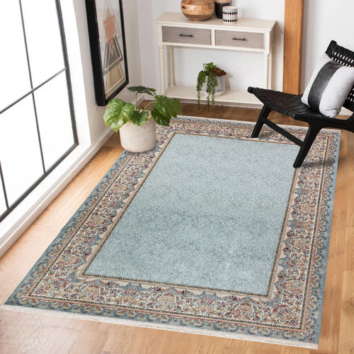 Mavi Çerçeveli Modern Etnik Desenli Halı  | Makinada Yıkanabilir | Hav Toz Vermez | Leke Tutmayan | Kaymaz Taban | Dijital Makine Baskı | Salon Yolluk Mutfak Halısı