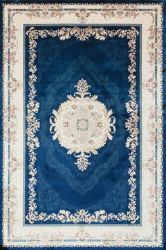 Mavi Çerçeveli Modern Etnik Desenli Halı  | Makinada Yıkanabilir | Hav Toz Vermez | Leke Tutmayan | Kaymaz Taban | Dijital Makine Baskı | Salon Yolluk Mutfak Halısı