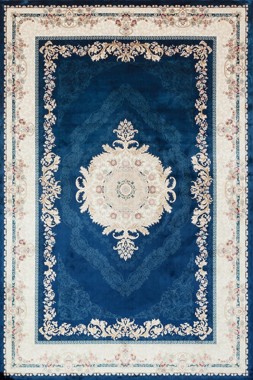 Mavi Çerçeveli Modern Etnik Desenli Halı  | Makinada Yıkanabilir | Hav Toz Vermez | Leke Tutmayan | Kaymaz Taban | Dijital Makine Baskı | Salon Yolluk Mutfak Halısı