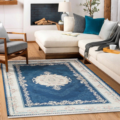 Mavi Çerçeveli Modern Etnik Desenli Halı  | Makinada Yıkanabilir | Hav Toz Vermez | Leke Tutmayan | Kaymaz Taban | Dijital Makine Baskı | Salon Yolluk Mutfak Halısı