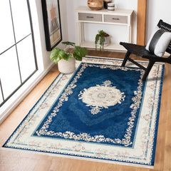 Mavi Çerçeveli Modern Etnik Desenli Halı  | Makinada Yıkanabilir | Hav Toz Vermez | Leke Tutmayan | Kaymaz Taban | Dijital Makine Baskı | Salon Yolluk Mutfak Halısı