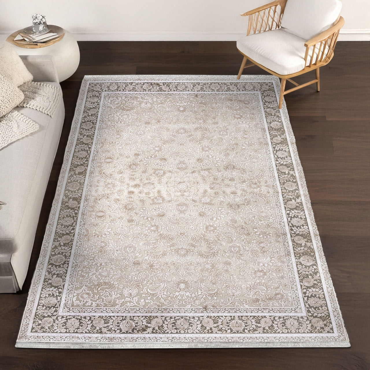 Bej Krem Bordürlü Eskitme Halı - Yıkanabilir - Kaymaz Taban - Pati Dostu