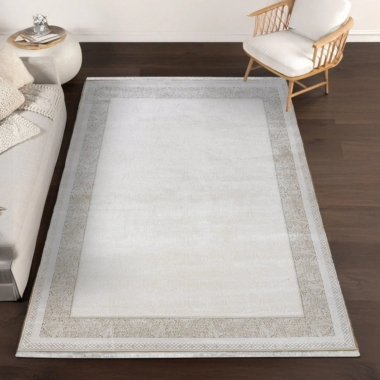 Bej Beyaz Minimalist Modern Halı - Yıkanabilir - Kaymaz Taban - Pati Dostu