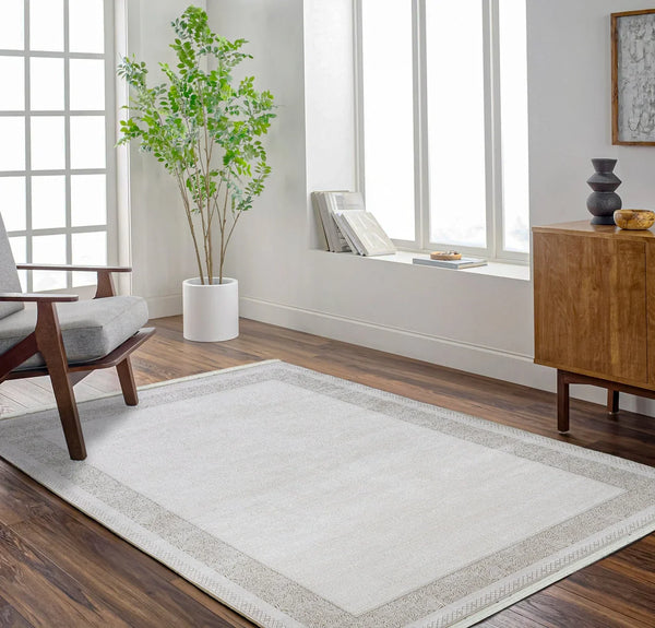Bej Beyaz Minimalist Modern Halı - Yıkanabilir - Kaymaz Taban - Pati Dostu