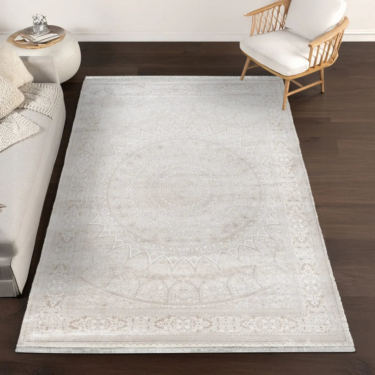 Beyaz Ekru Eskitme Modern Halı - Yıkanabilir - Kaymaz Taban - Pati Dostu