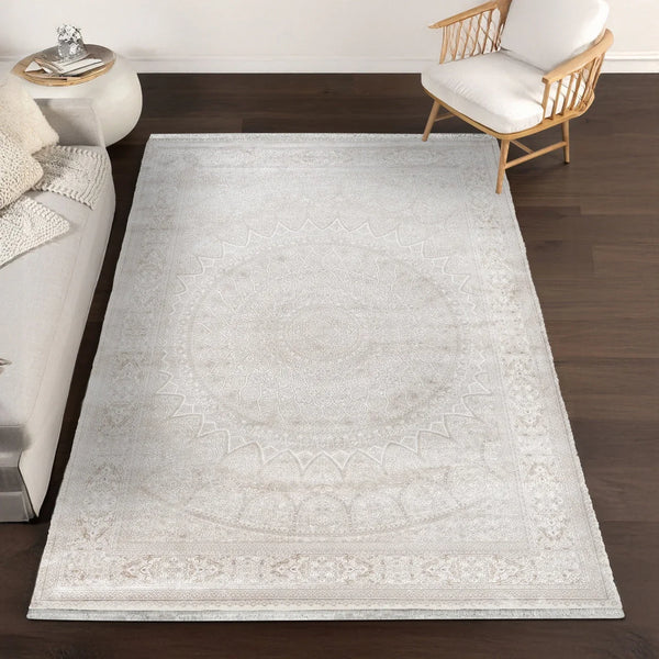 Beyaz Ekru Eskitme Modern Halı - Yıkanabilir - Kaymaz Taban - Pati Dostu