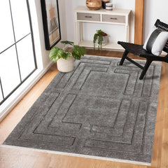 Gri Geometrik Modern Etnik Desenli Halı  | Makinada Yıkanabilir | Hav Toz Vermez | Leke Tutmayan | Kaymaz Taban | Dijital Makine Baskı | Salon Yolluk Mutfak Halısı