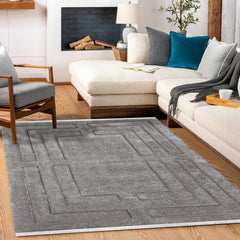 Gri Geometrik Modern Etnik Desenli Halı  | Makinada Yıkanabilir | Hav Toz Vermez | Leke Tutmayan | Kaymaz Taban | Dijital Makine Baskı | Salon Yolluk Mutfak Halısı