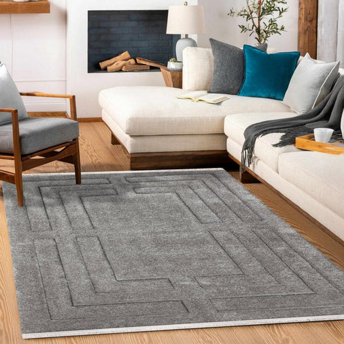 Gri Geometrik Modern Etnik Desenli Halı  | Makinada Yıkanabilir | Hav Toz Vermez | Leke Tutmayan | Kaymaz Taban | Dijital Makine Baskı | Salon Yolluk Mutfak Halısı