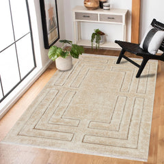 Krem Geometrik Modern Etnik Desenli Halı  | Makinada Yıkanabilir | Hav Toz Vermez | Leke Tutmayan | Kaymaz Taban | Dijital Makine Baskı | Salon Yolluk Mutfak Halısı