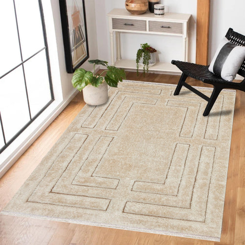 Krem Geometrik Modern Etnik Desenli Halı  | Makinada Yıkanabilir | Hav Toz Vermez | Leke Tutmayan | Kaymaz Taban | Dijital Makine Baskı | Salon Yolluk Mutfak Halısı