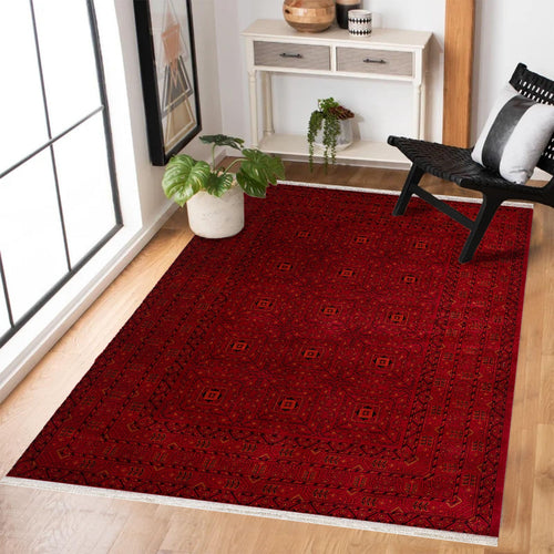 Kırmızı Etnik Modern Etnik Desenli Halı  | Makinada Yıkanabilir | Hav Toz Vermez | Leke Tutmayan | Kaymaz Taban | Dijital Makine Baskı | Salon Yolluk Mutfak Halısı