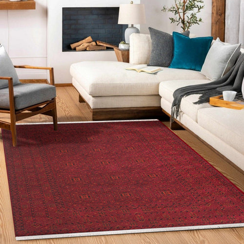 Kırmızı Etnik Modern Etnik Desenli Halı  | Makinada Yıkanabilir | Hav Toz Vermez | Leke Tutmayan | Kaymaz Taban | Dijital Makine Baskı | Salon Yolluk Mutfak Halısı