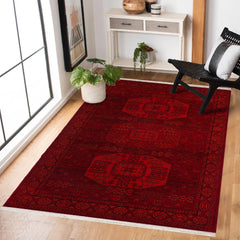 Kırmızı Göçebe Modern Etnik Desenli Halı  | Makinada Yıkanabilir | Hav Toz Vermez | Leke Tutmayan | Kaymaz Taban | Dijital Makine Baskı | Salon Yolluk Mutfak Halısı