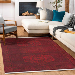 Kırmızı Göçebe Modern Etnik Desenli Halı  | Makinada Yıkanabilir | Hav Toz Vermez | Leke Tutmayan | Kaymaz Taban | Dijital Makine Baskı | Salon Yolluk Mutfak Halısı