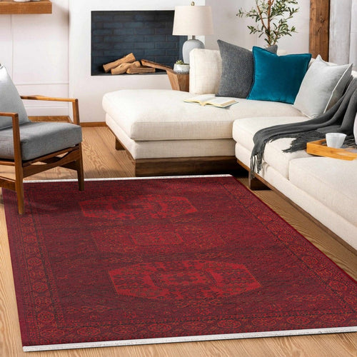 Kırmızı Göçebe Modern Etnik Desenli Halı  | Makinada Yıkanabilir | Hav Toz Vermez | Leke Tutmayan | Kaymaz Taban | Dijital Makine Baskı | Salon Yolluk Mutfak Halısı