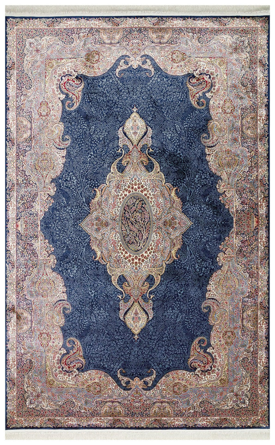 Krem Mavi Göbekli Klasik Viskon Halı - Pati Dostu - Toz Vermez