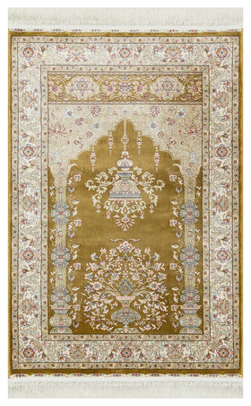 Gold Krem Klasik Mihraplı Viskon Halı - Pati Dostu - Toz Vermez