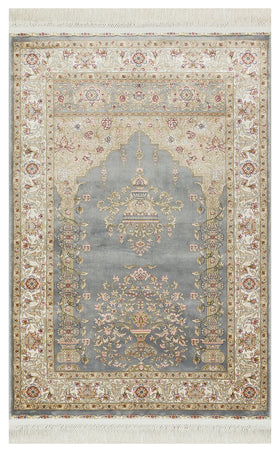 Gri Krem Klasik Mihraplı Viskon Halı - Pati Dostu - Toz Vermez