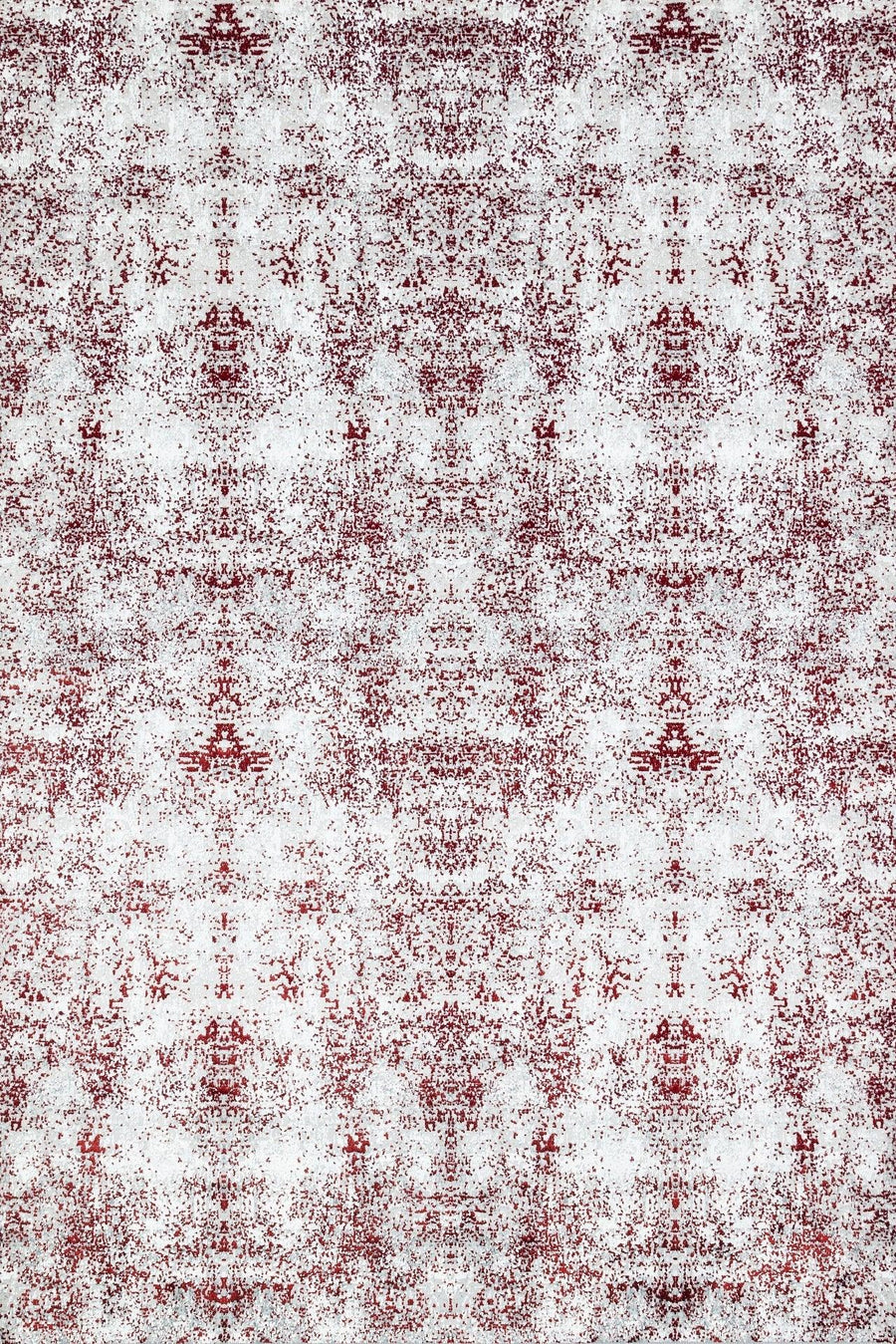 White and Burgundy Abstract Distressed Rug – in the living room