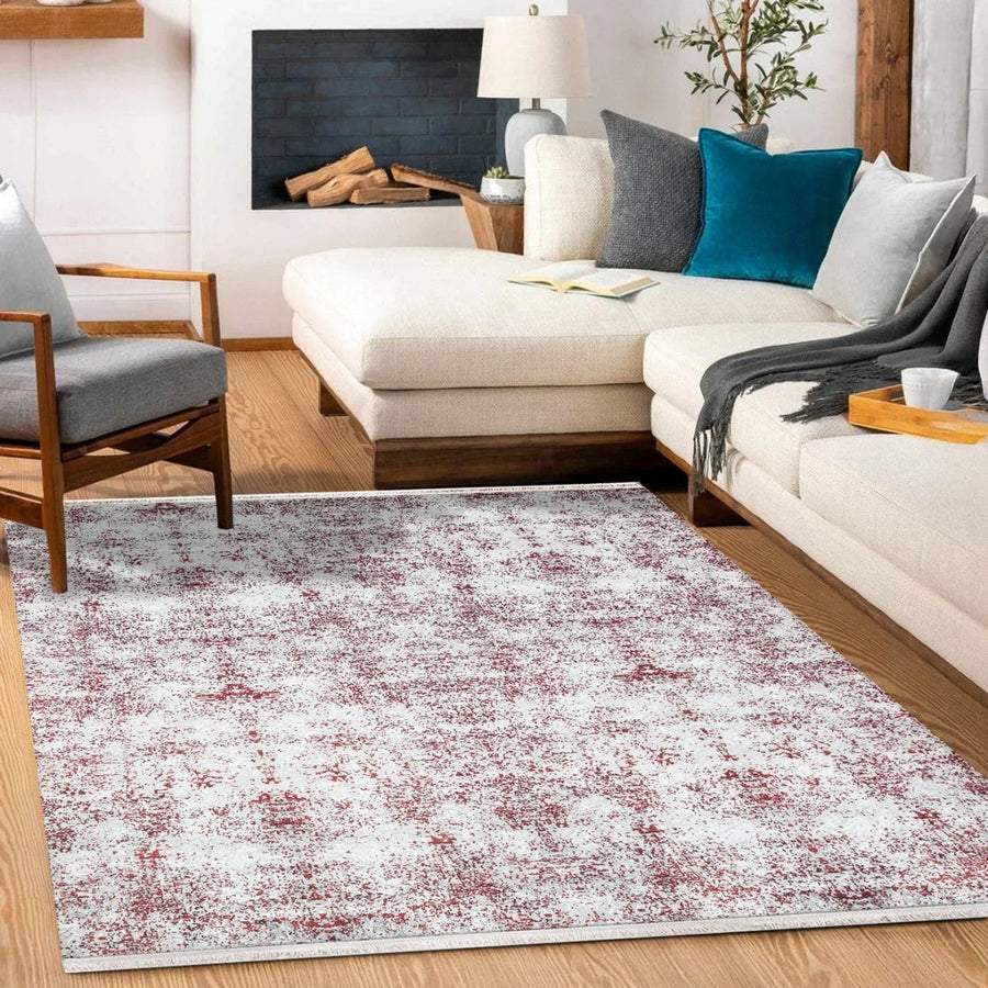Beyaz Eskitme Modern Halı - Yıkanabilir - Kaymaz Taban - Pati Dostu