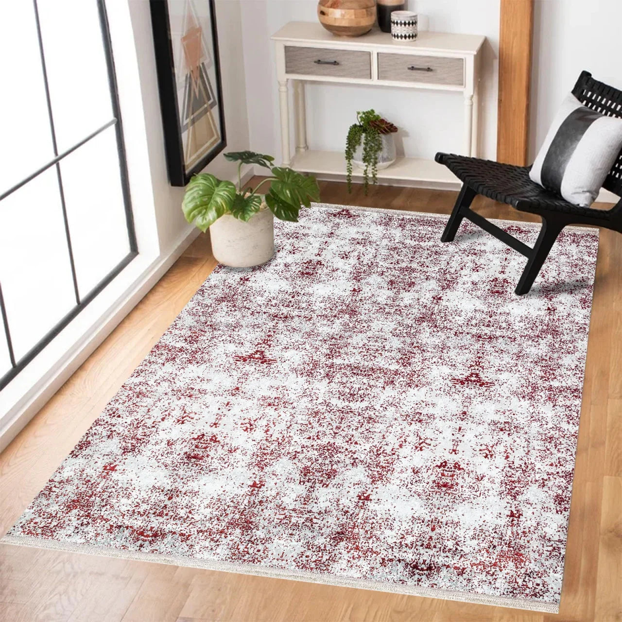 Beyaz Eskitme Modern Halı - Yıkanabilir - Kaymaz Taban - Pati Dostu