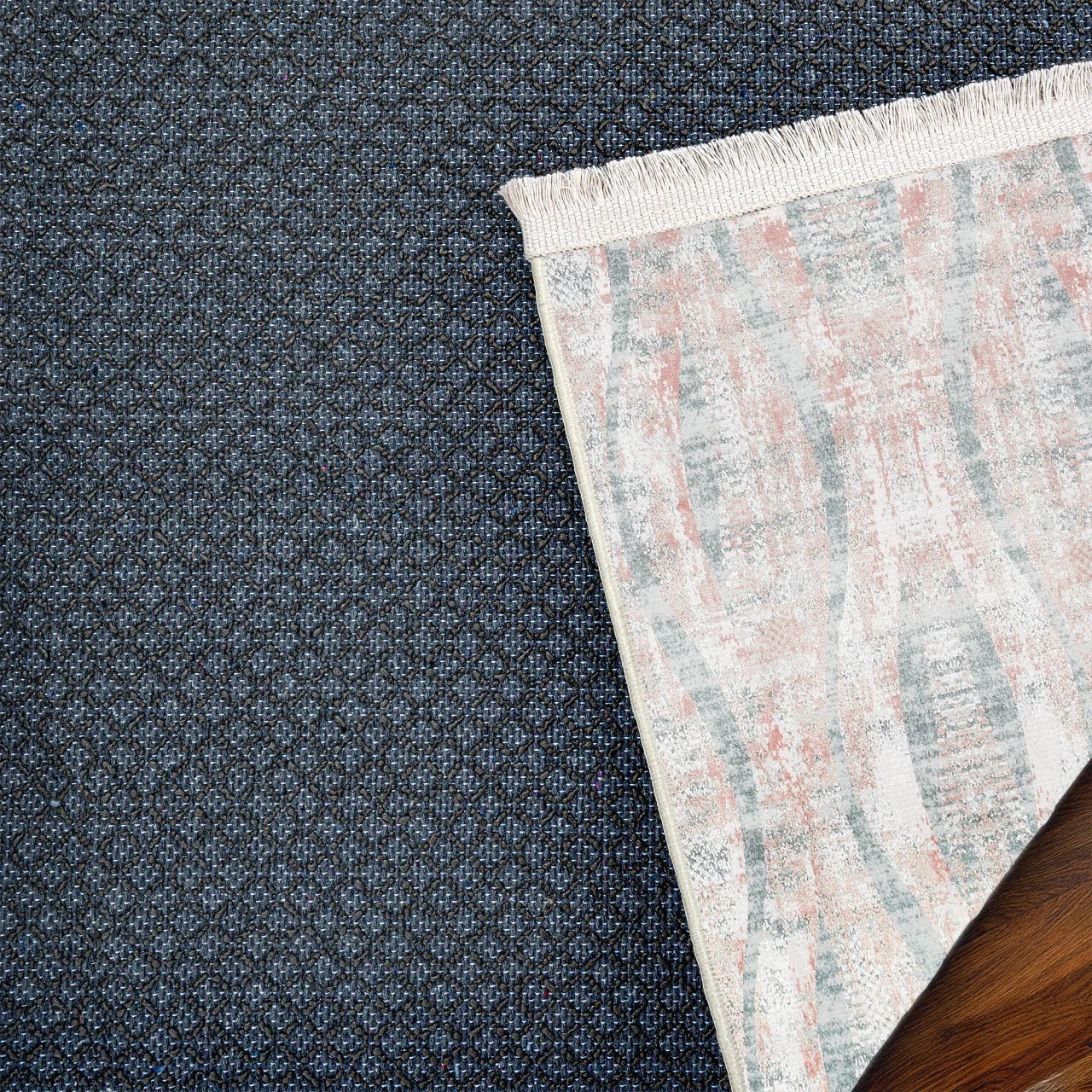 Gri Mavi Eskitme Modern Halı - Yıkanabilir - Kaymaz Taban - Pati Dostu