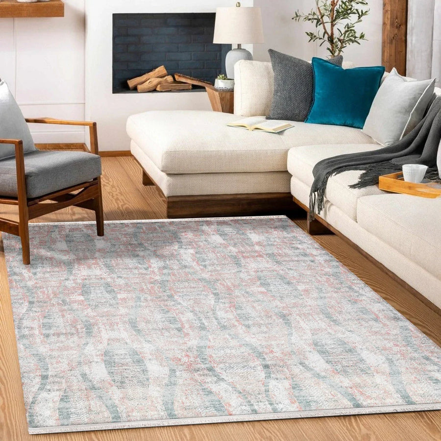 Gri Mavi Eskitme Modern Halı - Yıkanabilir - Kaymaz Taban - Pati Dostu