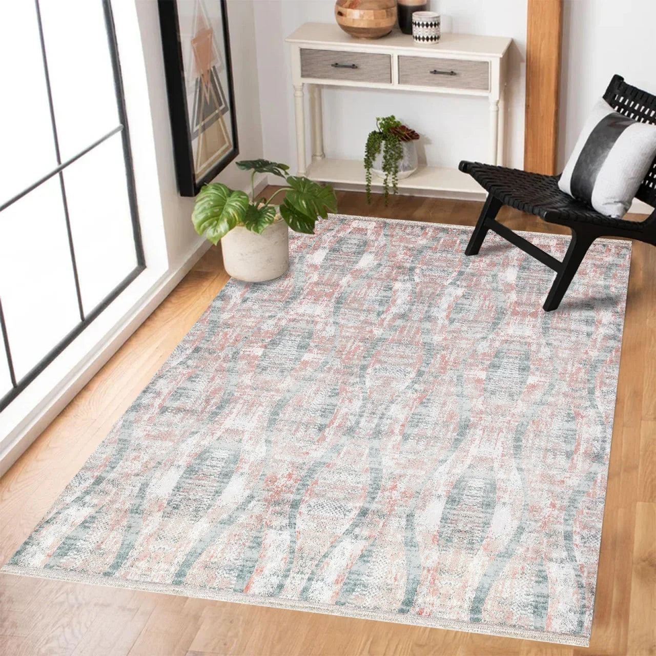 Gri Mavi Eskitme Modern Halı - Yıkanabilir - Kaymaz Taban - Pati Dostu