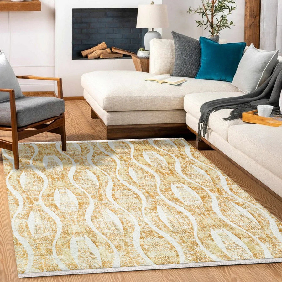 Beyaz Krem Geometrik Modern Halı - Yıkanabilir - Kaymaz Taban - Pati Dostu