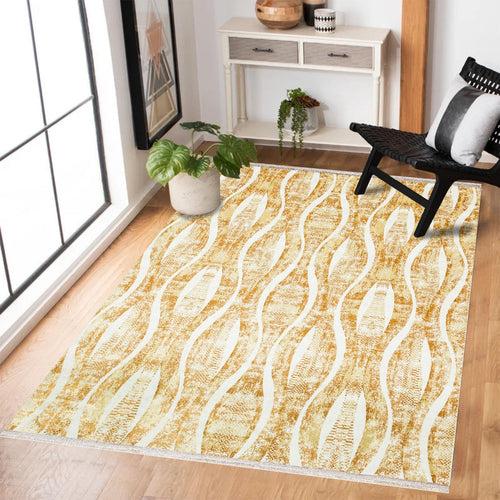 Sarı Geometrik Modern Etnik Desenli Halı  | Makinada Yıkanabilir | Hav Toz Vermez | Leke Tutmayan | Kaymaz Taban | Dijital Makine Baskı | Salon Yolluk Mutfak Halısı