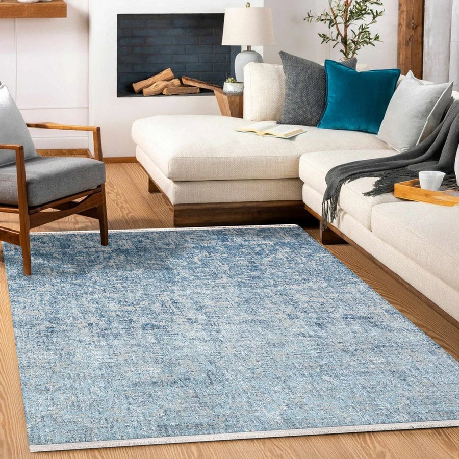 Gri Mavi Düz Modern Halı - Yıkanabilir - Kaymaz Taban - Pati Dostu